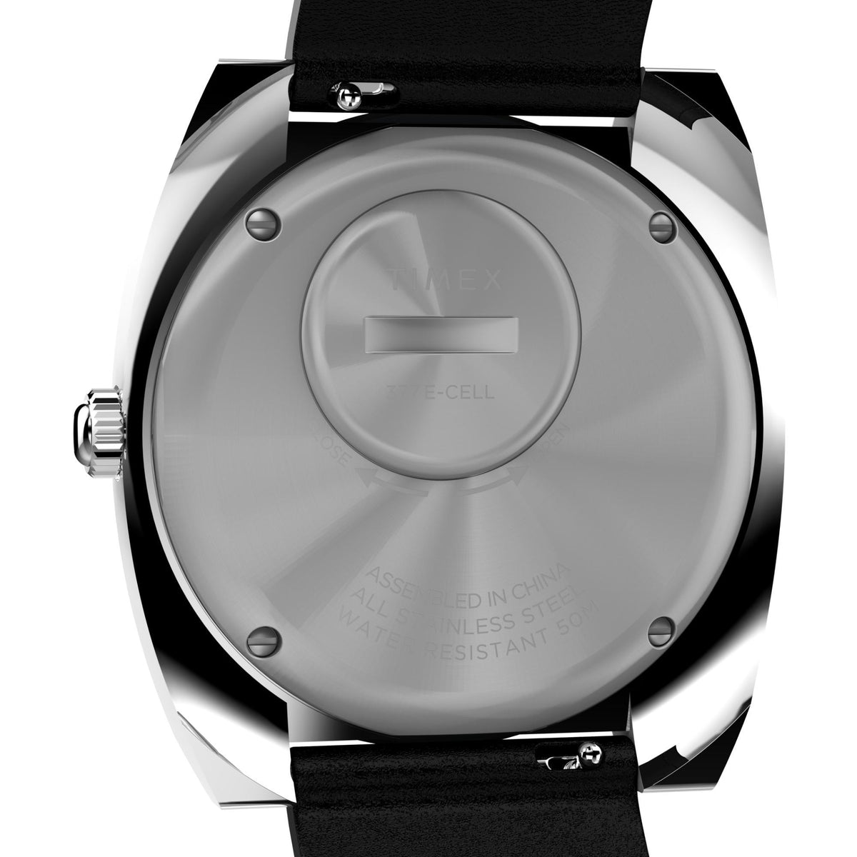 Men's quartz watch case back close-up with marking and coin cell window