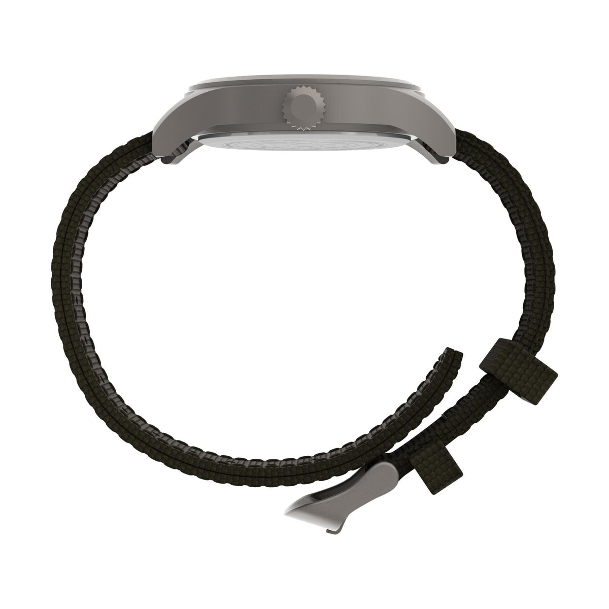 Quartz watch with olive fabric strap, shown from the side with crown