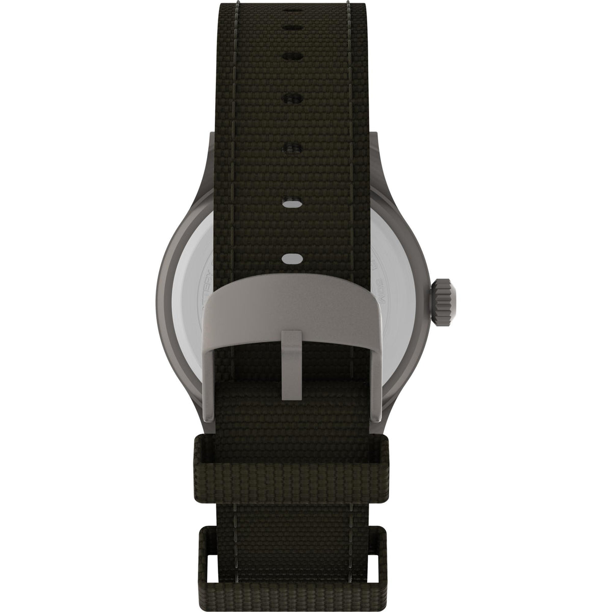 Men's watch back view with olive green fabric strap and metal case