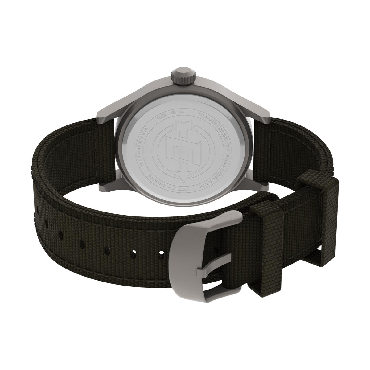 Quartz wrist watch with olive fabric strap and metal buckle clasp