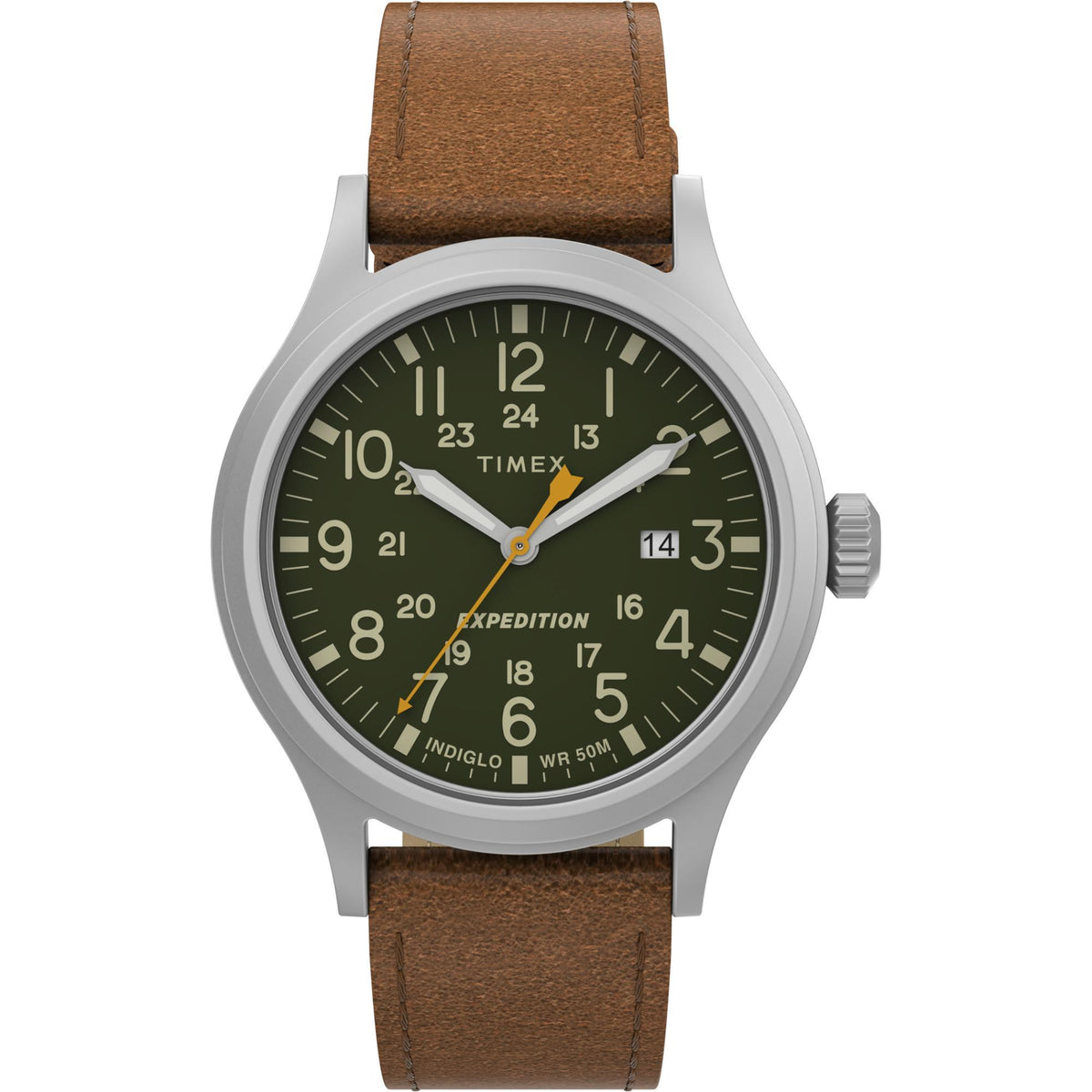 Timex Expedition 40mm quartz watch with green dial, silver case, and brown leather band