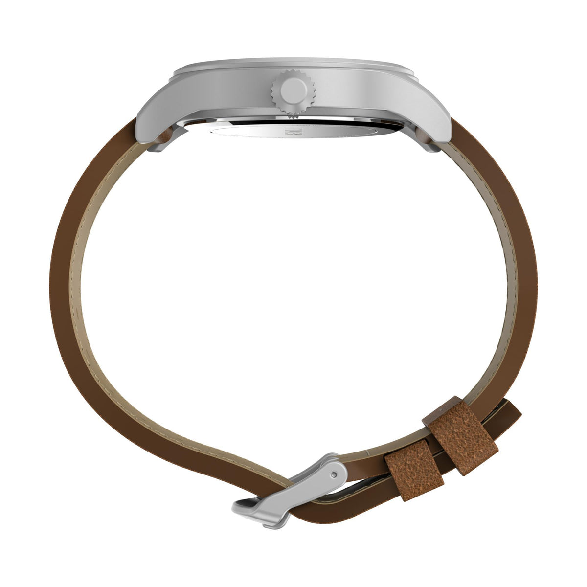 Timex Expedition watch side profile with silver case and brown leather strap