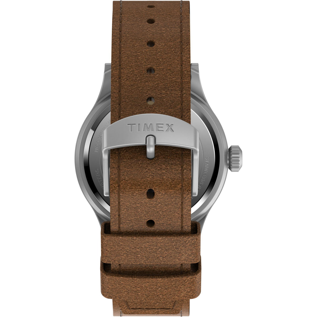 Timex Expedition leather watch strap with TIMEX branding on the buckle and silver case