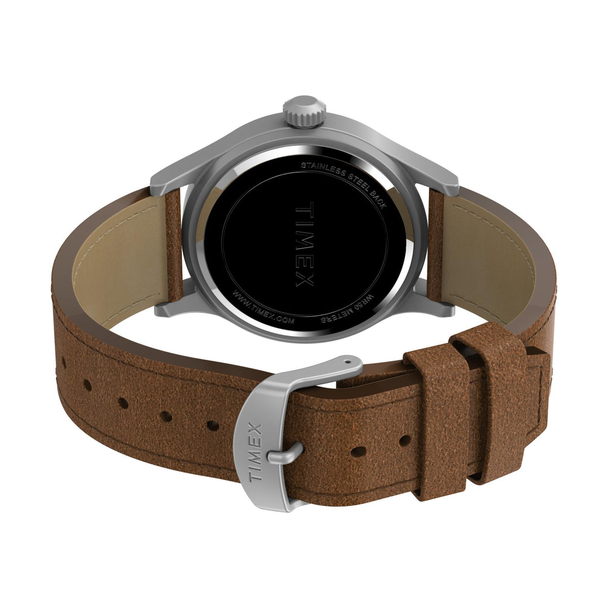 Timex Expedition watch with brown leather strap and black stainless steel case back