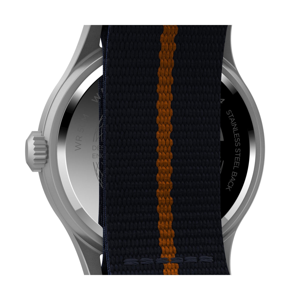 Stainless-steel watch case close-up with navy fabric strap and orange stripe
