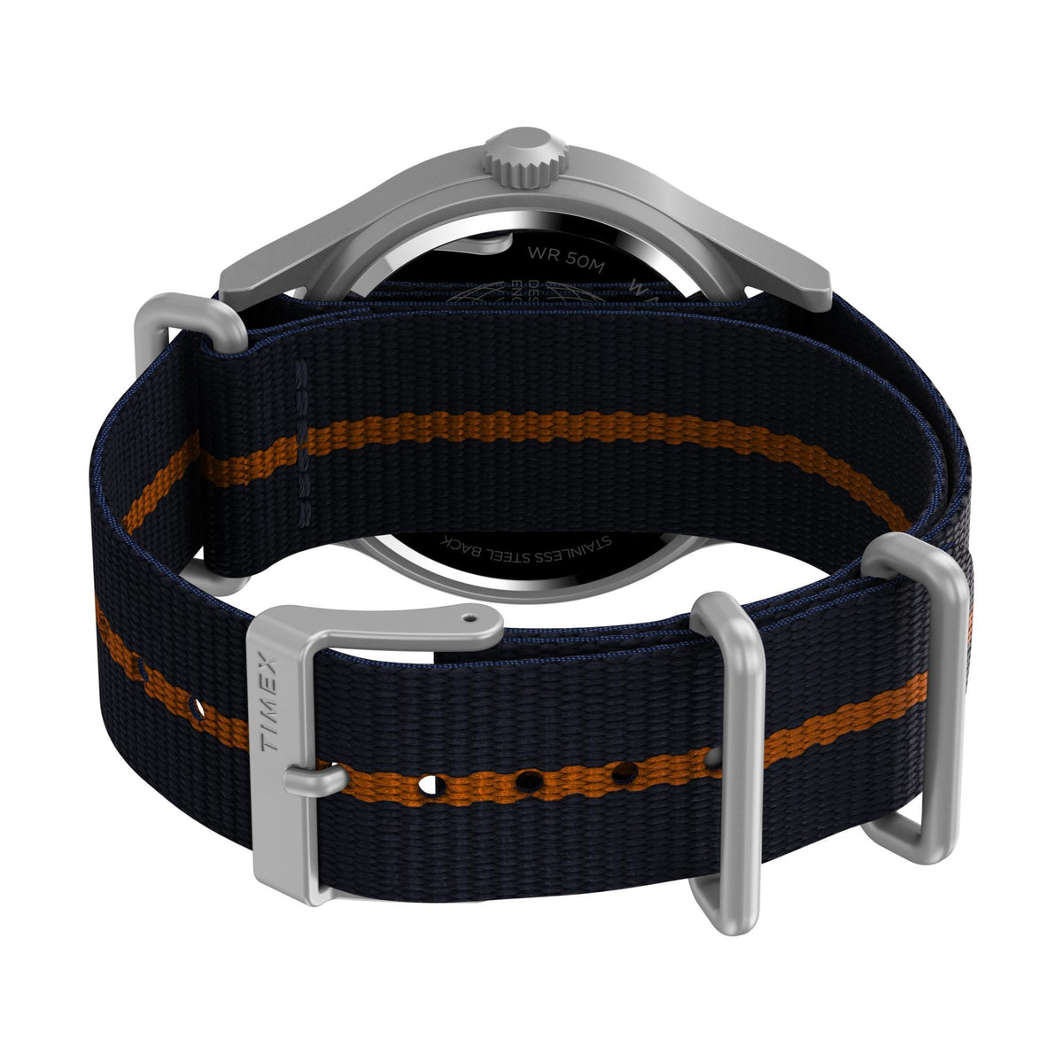 Men's quartz watch with navy fabric strap, orange stripe, and silver buckle clasp