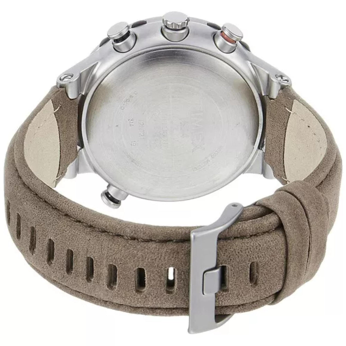 Silver round watch case with crown and brown leather strap, visible back view