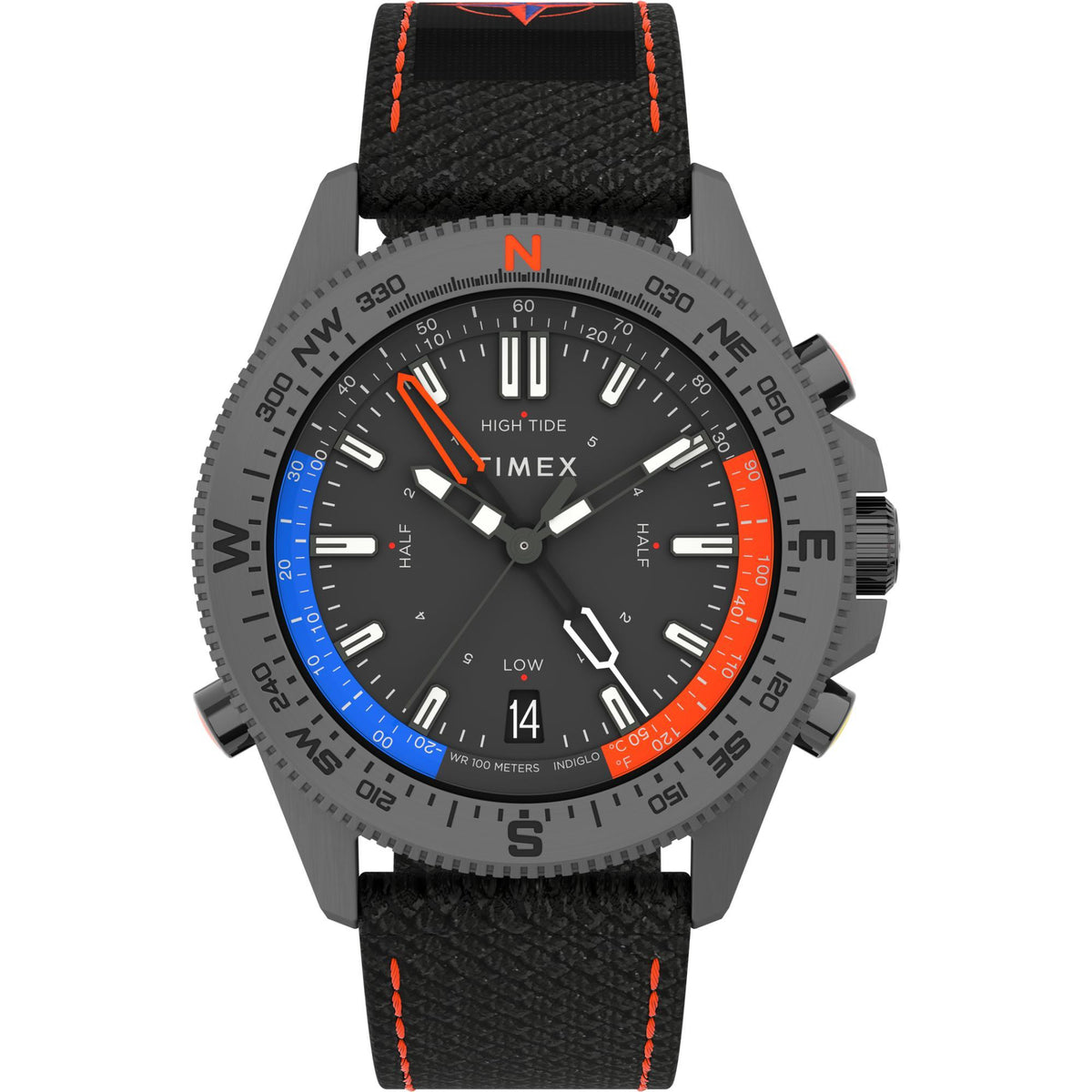 Timex Expedition men's quartz watch with black dial, orange ring, and black fabric strap