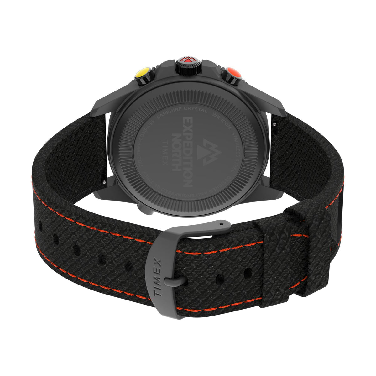 Timex Expedition watch back with black textured fabric strap and red stitching