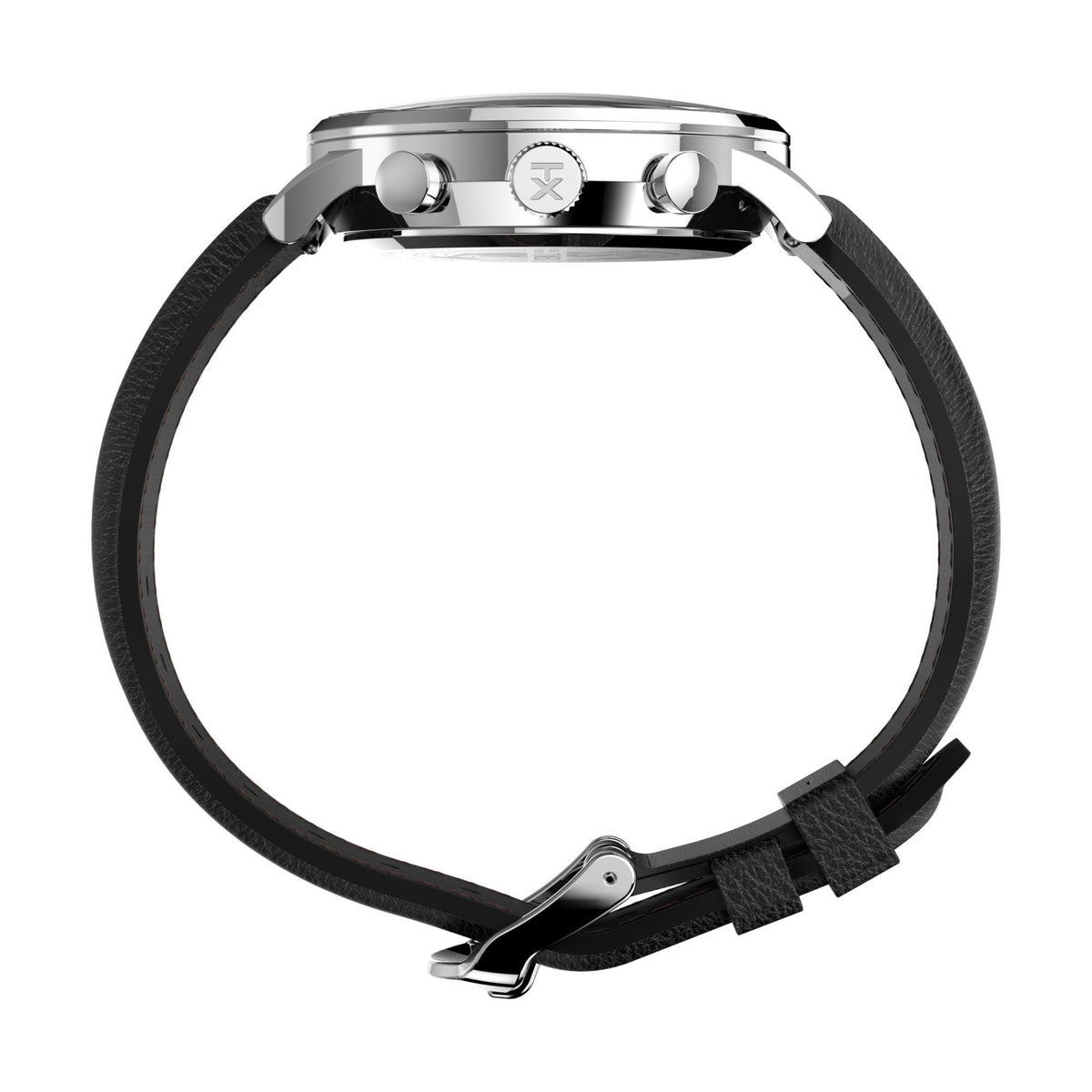 Men's quartz watch with black leather strap and silver case, crown at top
