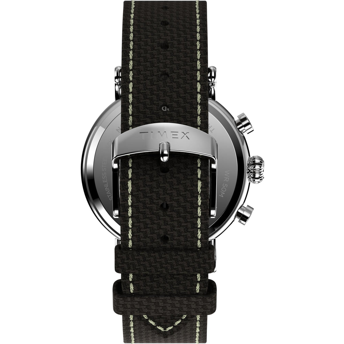 Stainless chronograph watch case with black woven strap and green stitch accents