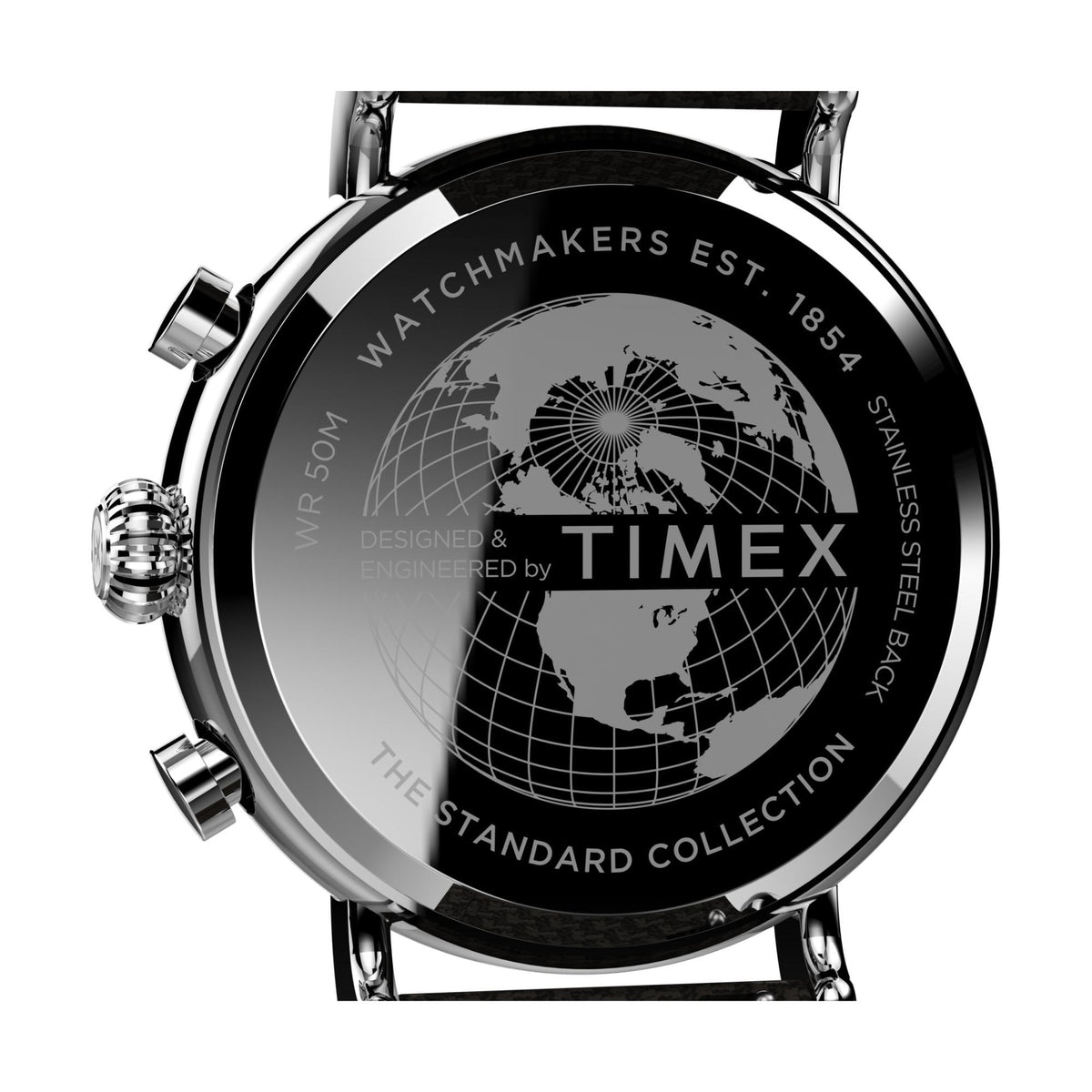 Engraved caseback with globe design and TIMEX branding on stainless chronograph watch