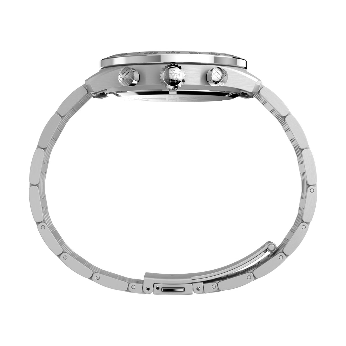 Men's steel chronograph quartz watch, silver bracelet and round case, side view