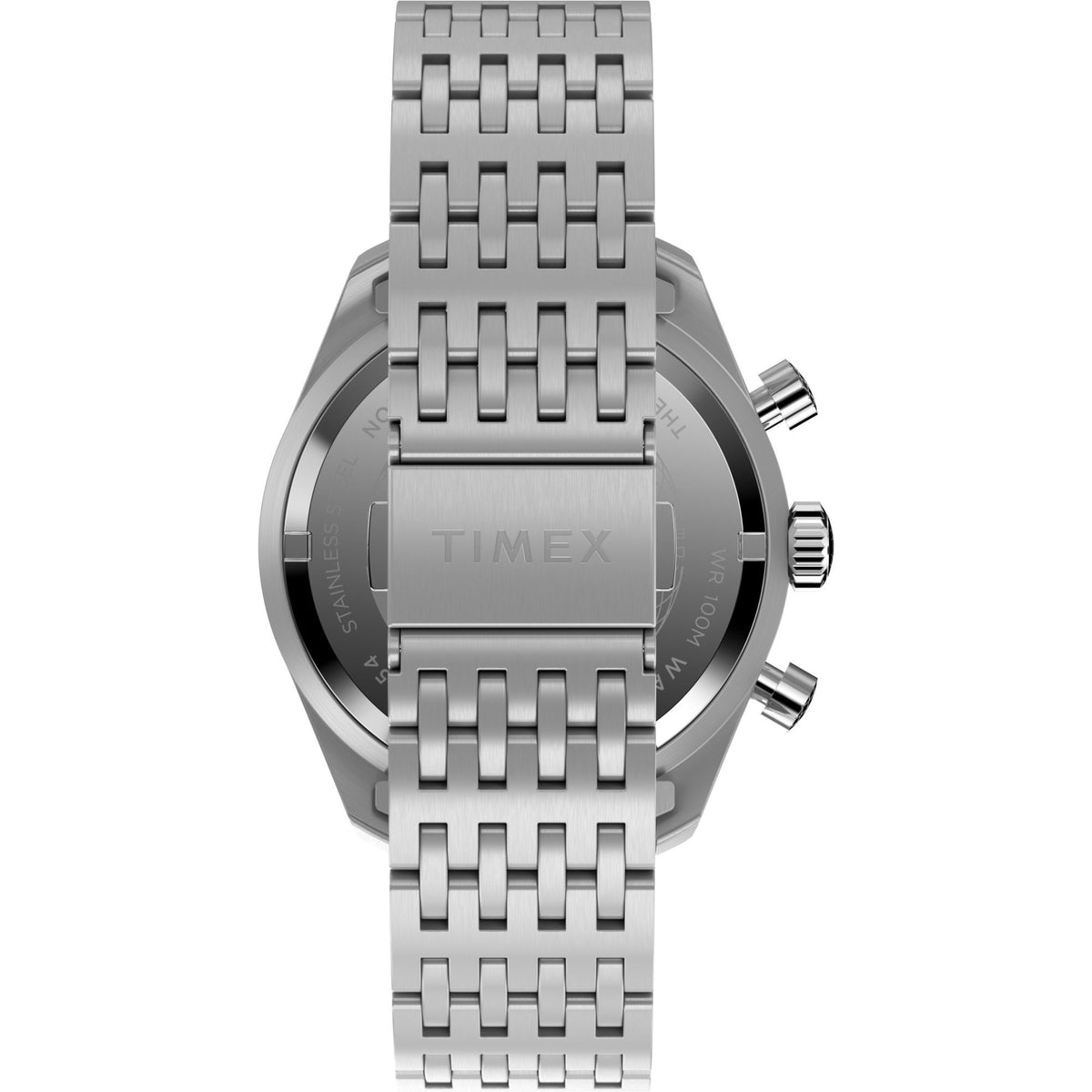 Men's steel chronograph quartz watch, silver dial with three subdials, bracelet close-up