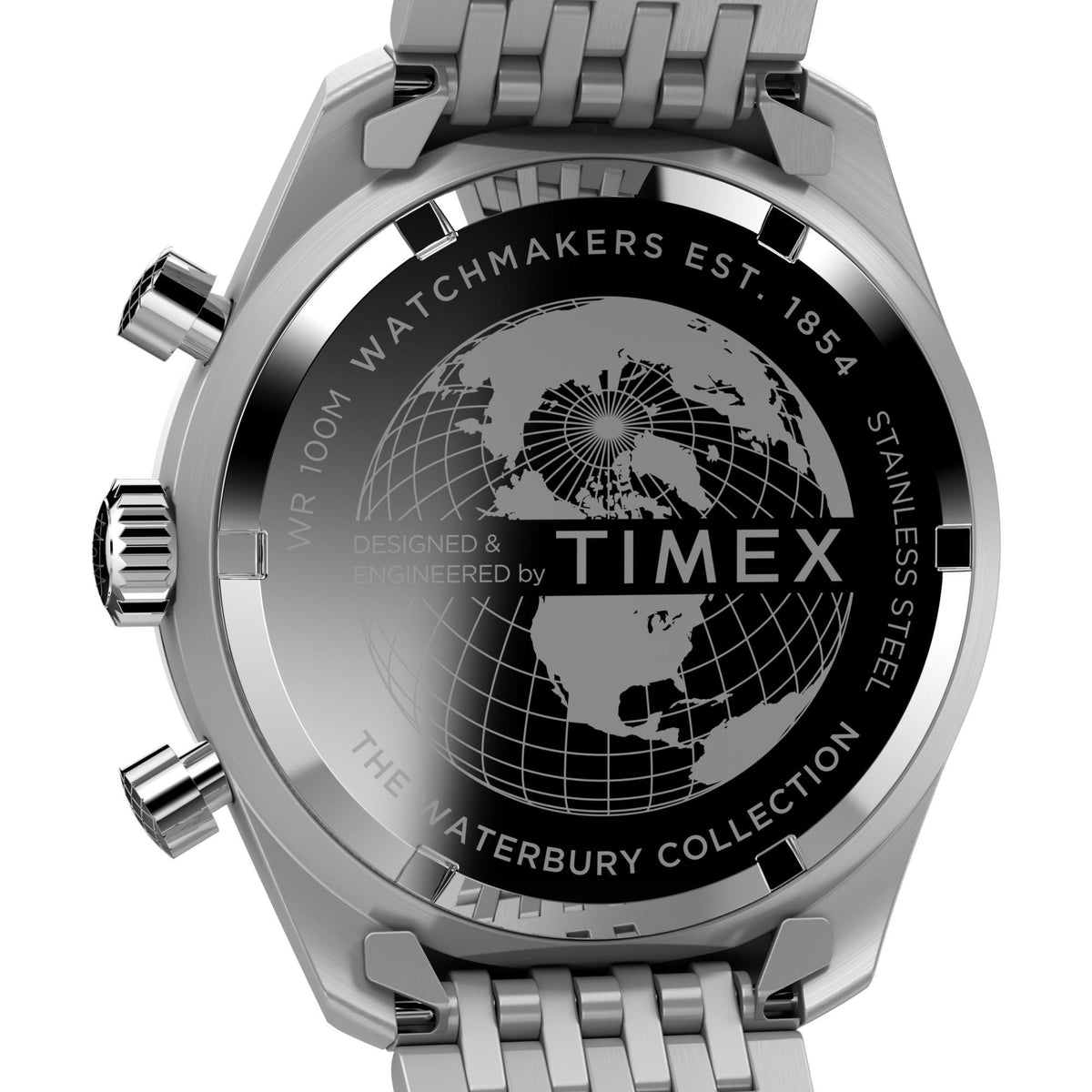 Stainless steel watch caseback with world map graphic, engraved text and crown details