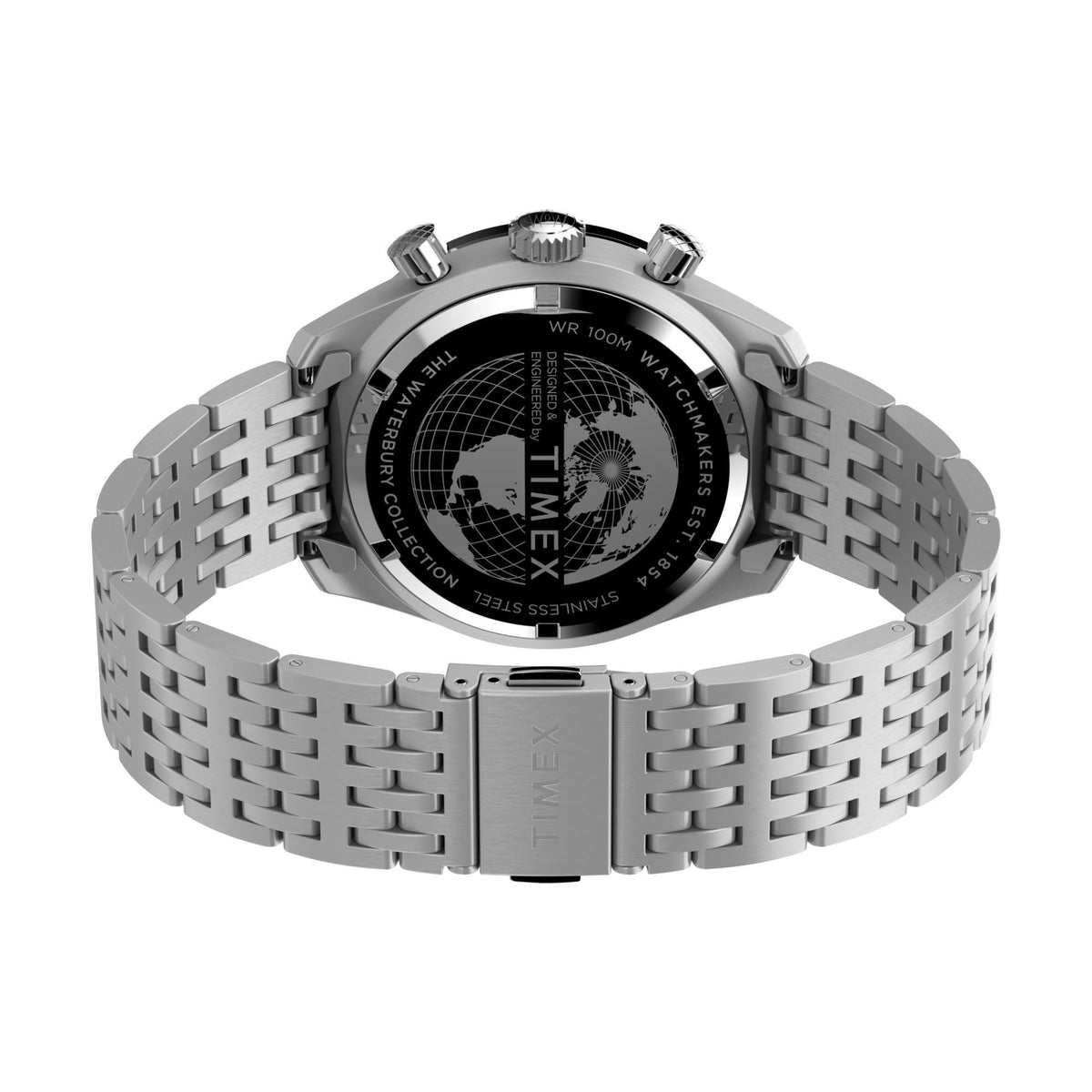 Men's steel watch with woven link bracelet and rectangular clasp, engraved caseback