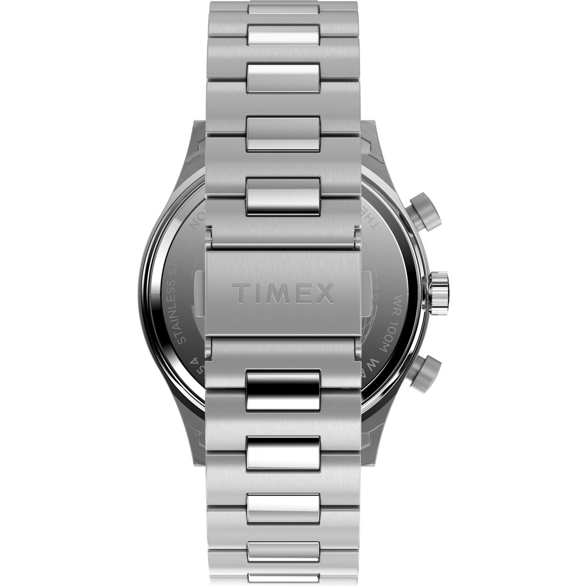 Timex Waterbury men's stainless steel chronograph watch, three-button side and bracelet