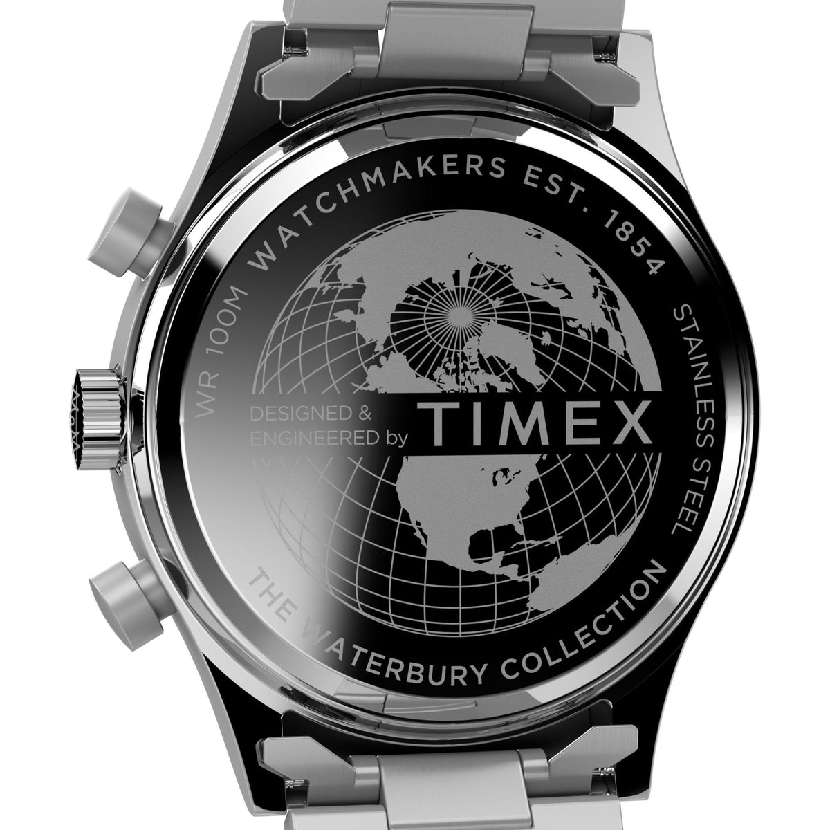 Timex Waterbury men's chronograph watch with black globe dial and silver stainless case