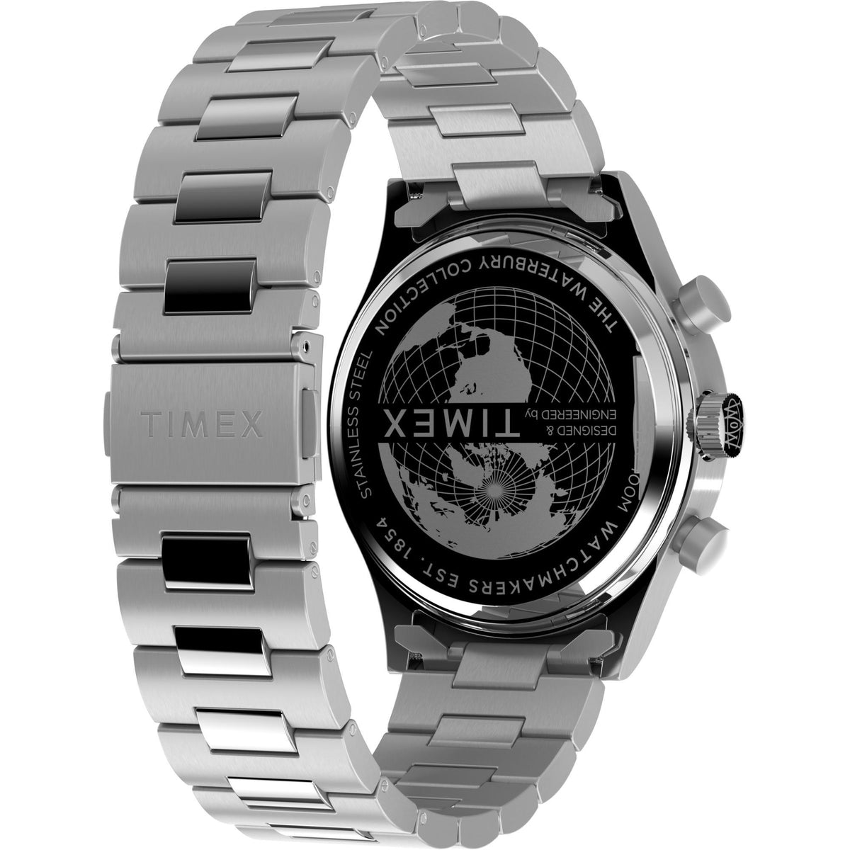 Timex Waterbury men's chronograph watch with engraved globe caseback on stainless bracelet