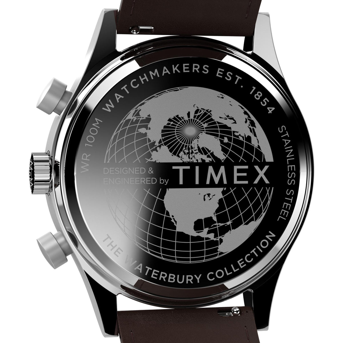 Stainless watch case back with world map graphic and black dial surface