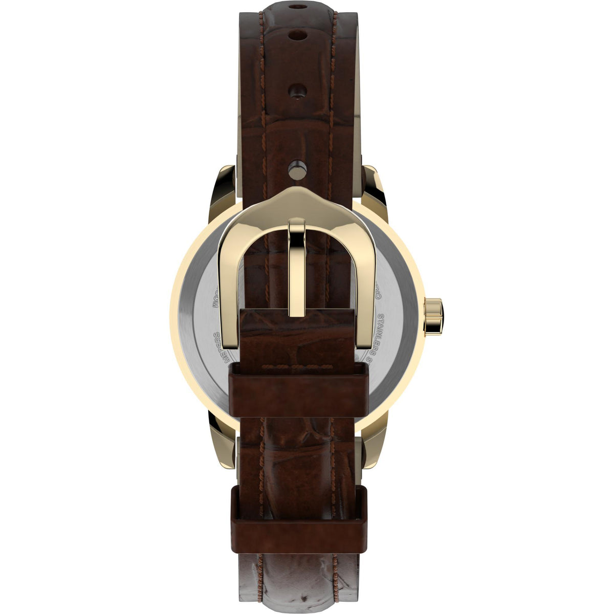 Timex Easy Reader quartz watch back with brown leather strap and gold-tone case