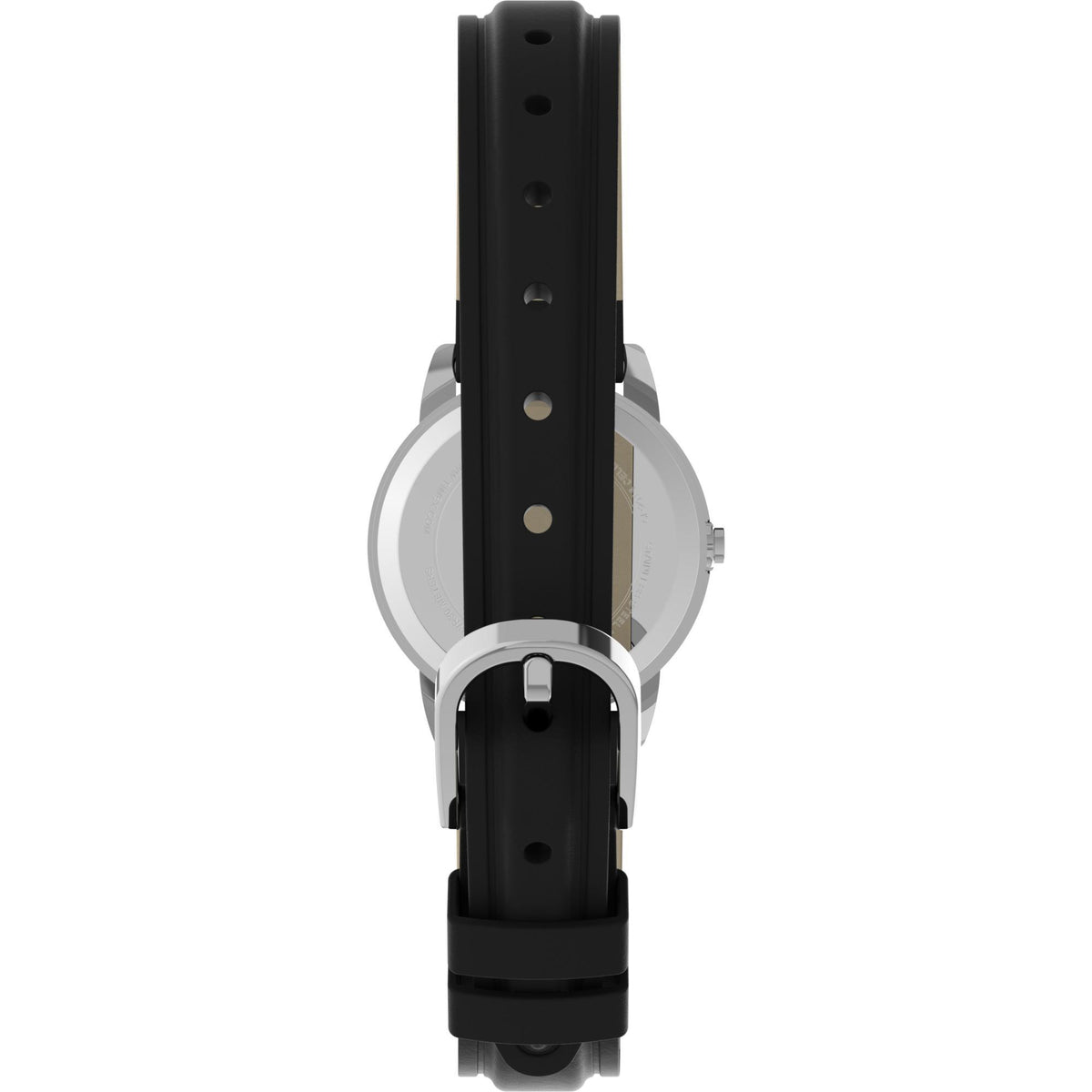 Timex watch back view with black silicone strap and silver case back