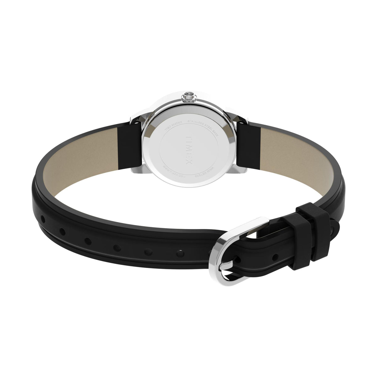Timex watch with black silicone strap and silver clasp hardware, rear side