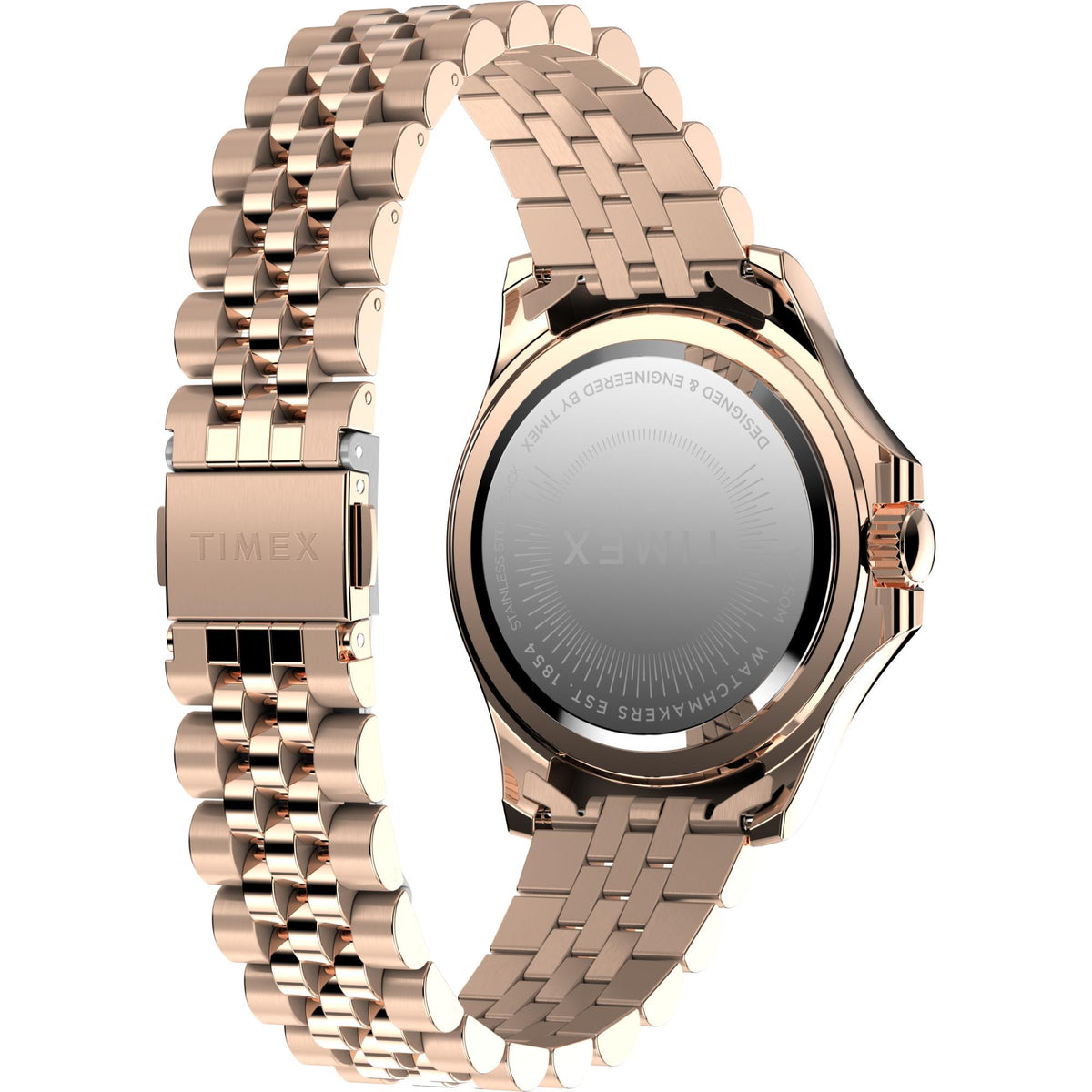 Rose gold metal link watch with engraved case back and right-side crown