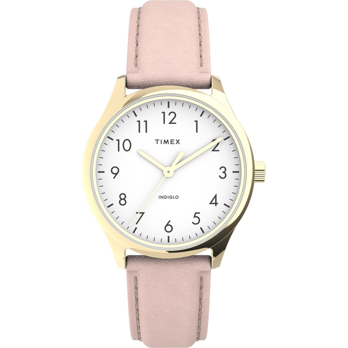 Timex Easy Reader ladies quartz watch with white dial and light pink leather strap