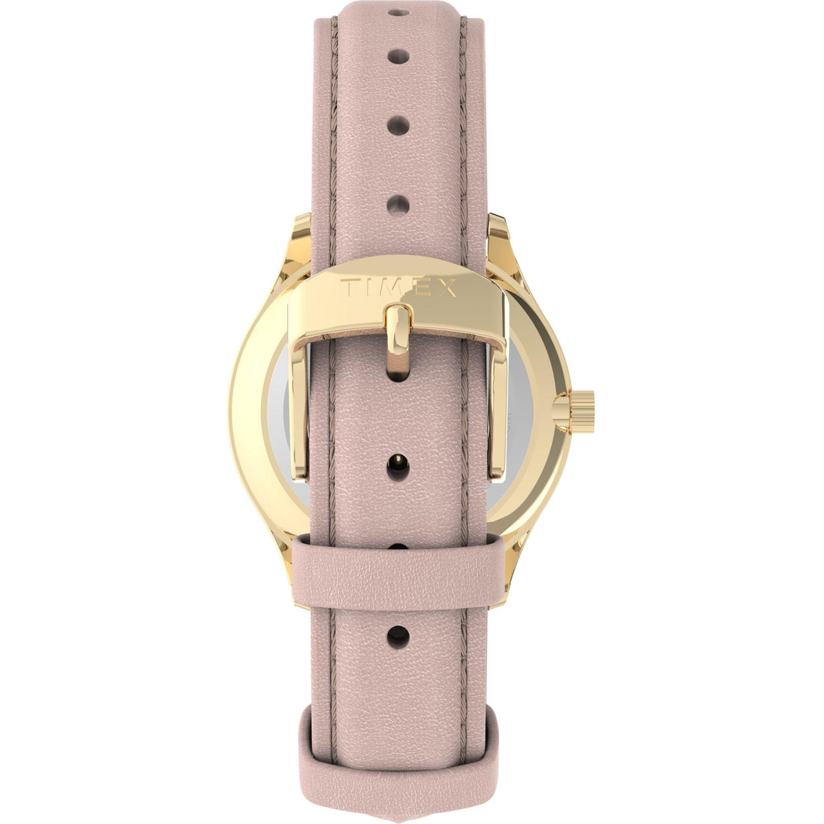 Timex Easy Reader watch with light pink leather strap and gold-tone crown