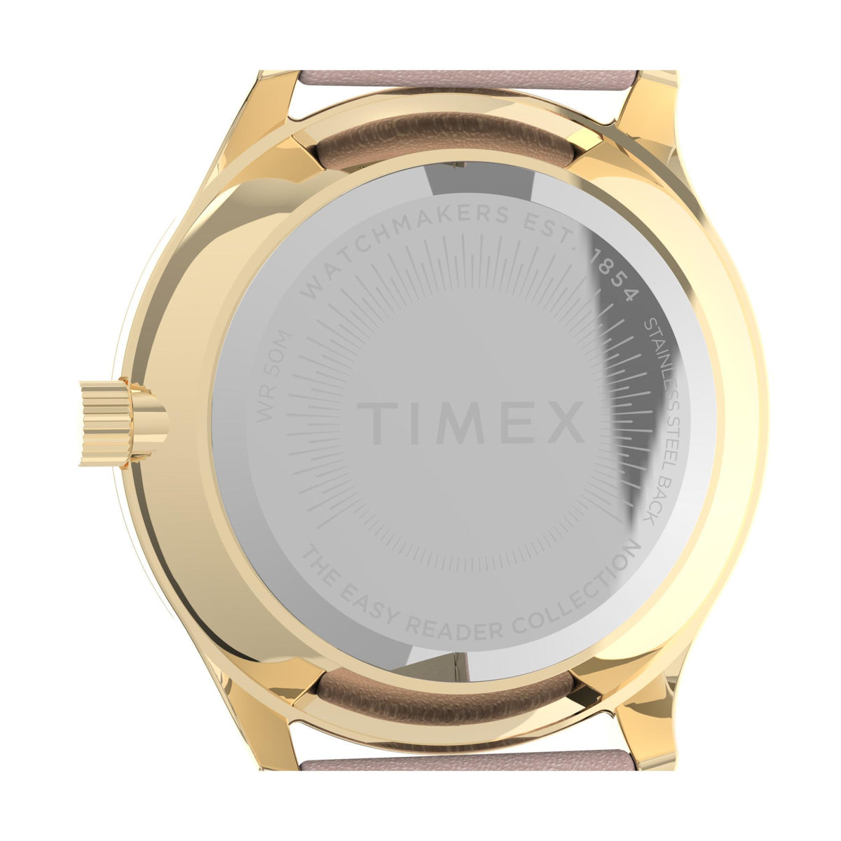 Timex Easy Reader watch case back in gold-tone with engraved logo text
