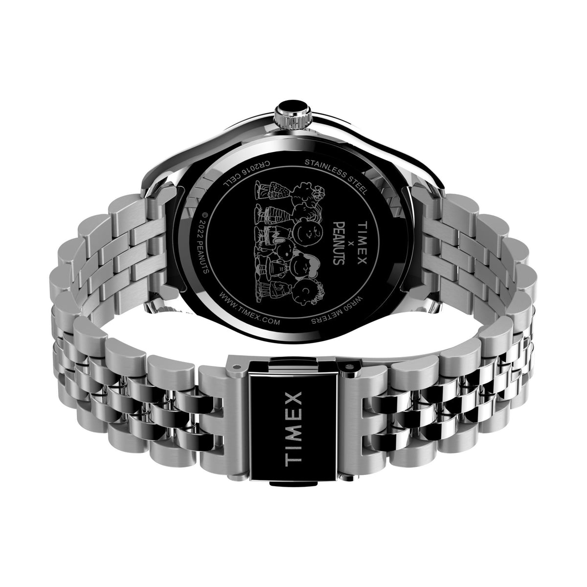 Stainless steel ladies watch back view with Peanuts engraving and clasp details