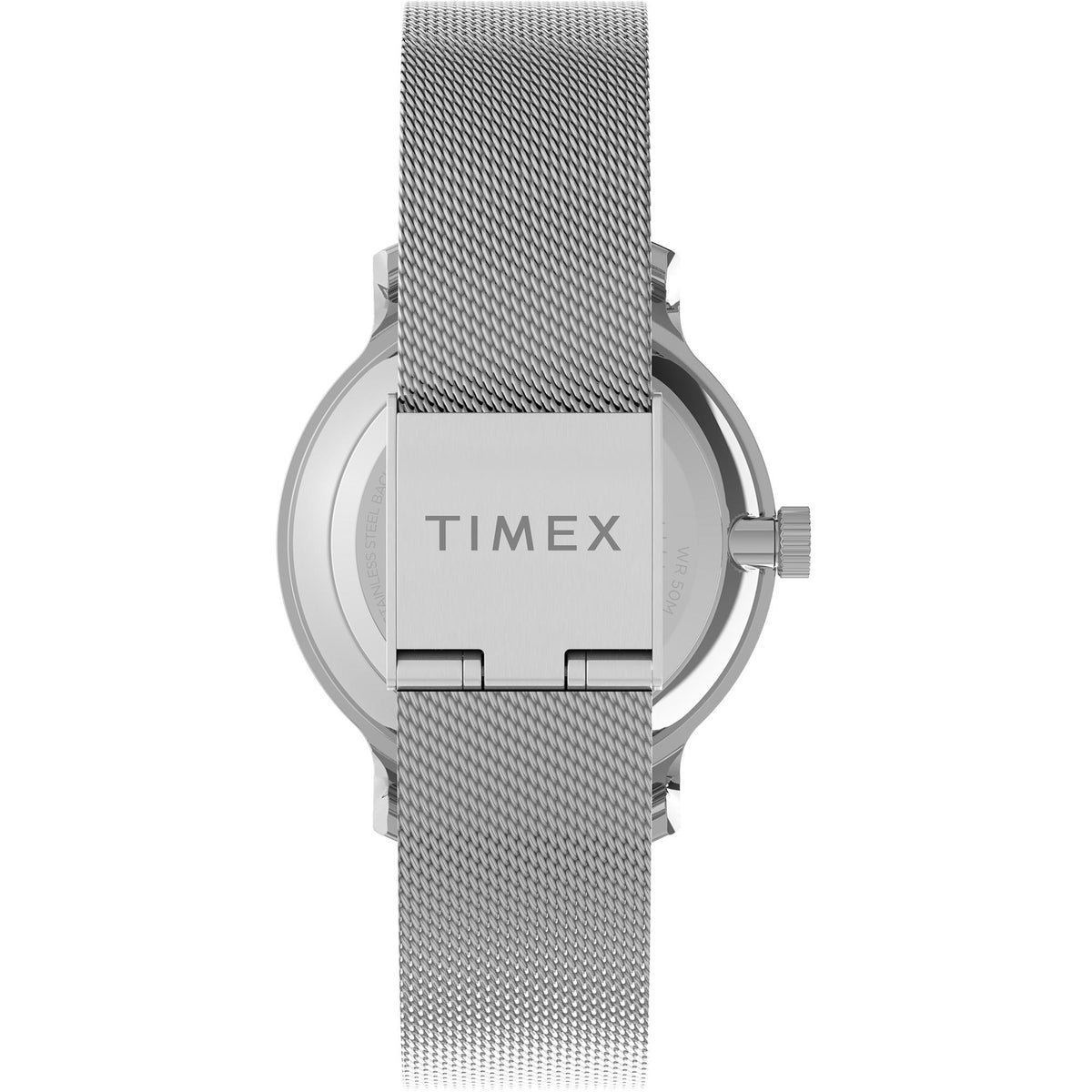 Men's quartz watch case back with TIMEX logo and silver mesh strap, round steel housing
