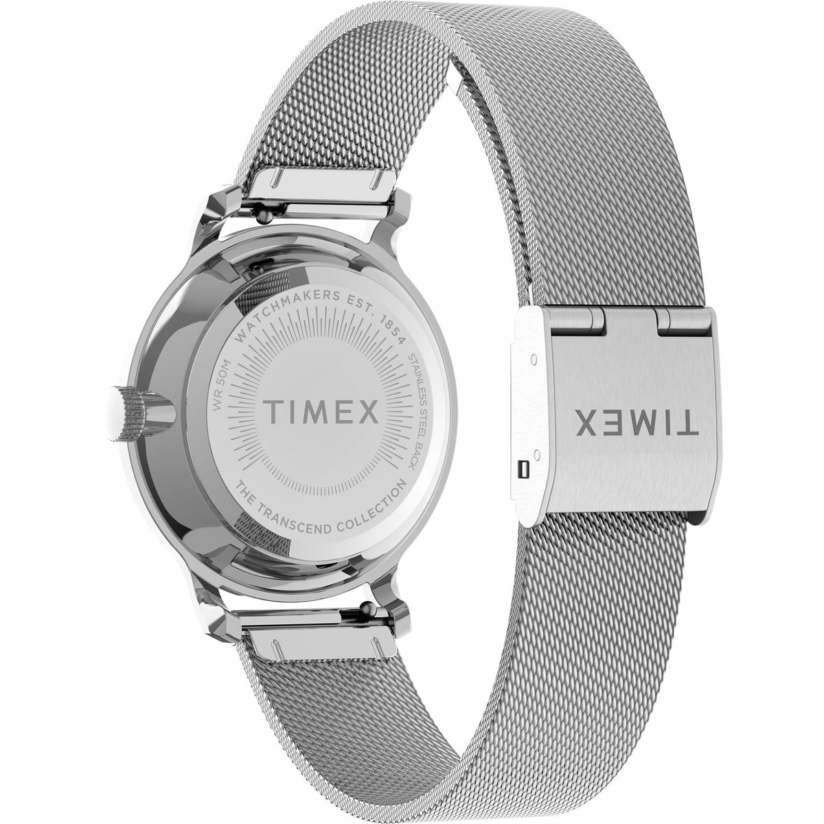 Men's quartz watch angled front with silver mesh bracelet and white dial with TIMEX logo