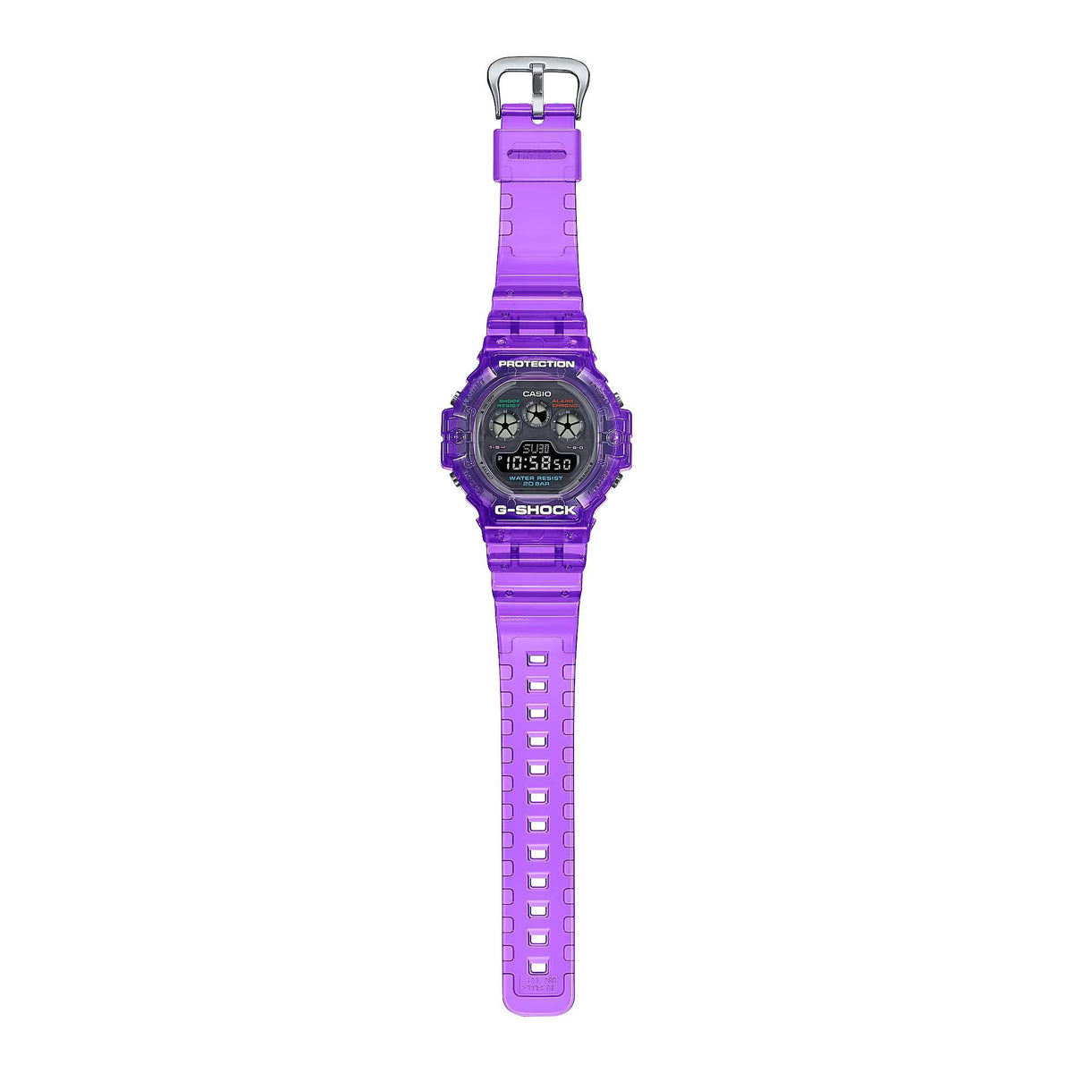 Casio G-Shock digital watch with purple resin strap and dark face, square buttons