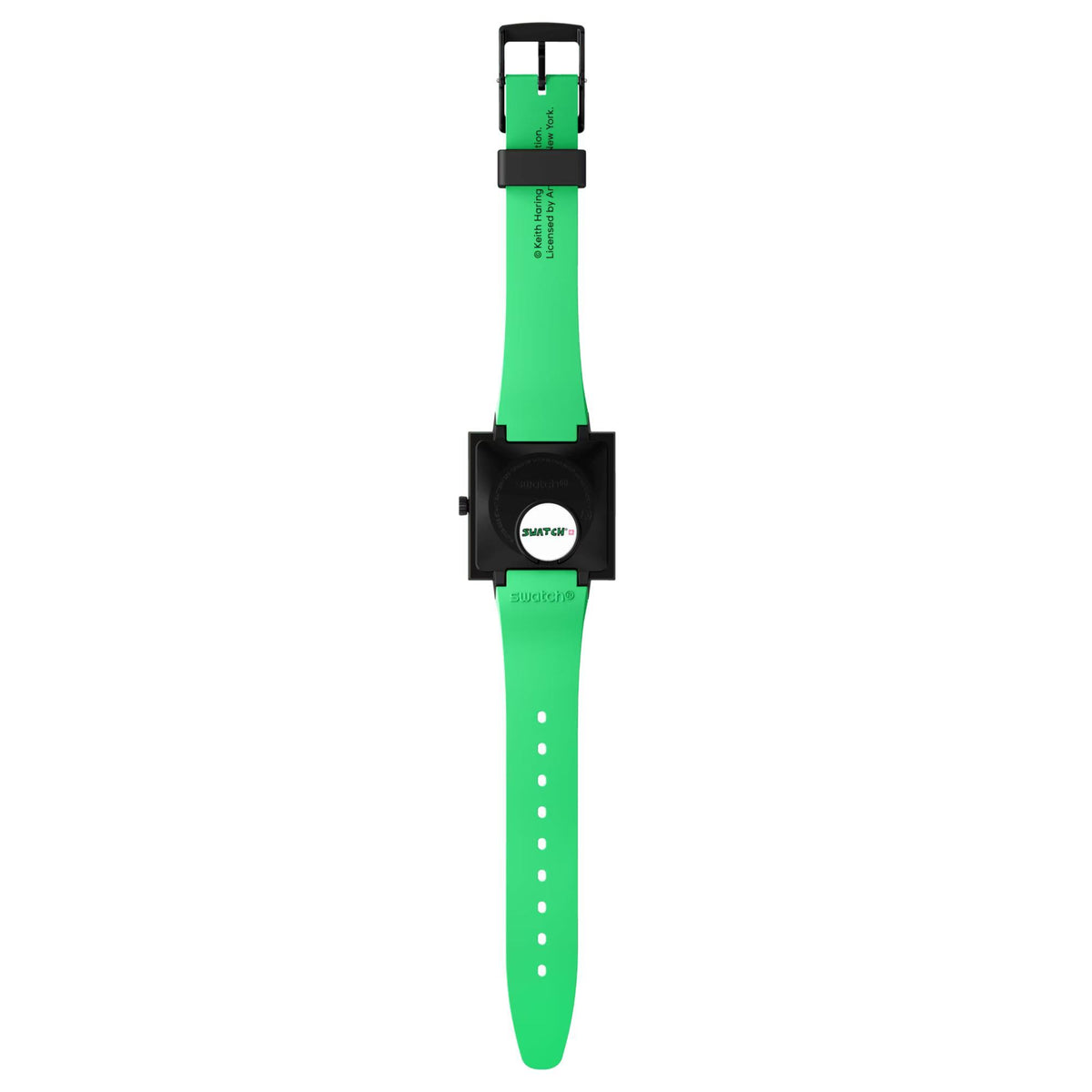 Women’s watch view of green silicone strap with buckle and square black case