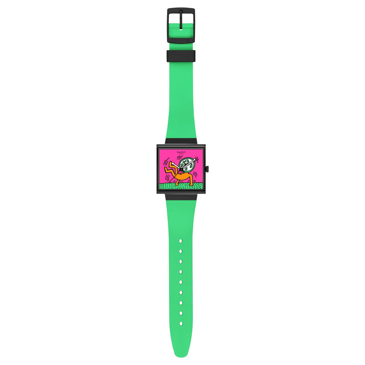 Women’s green silicone strap watch with square black case and pink graphic dial