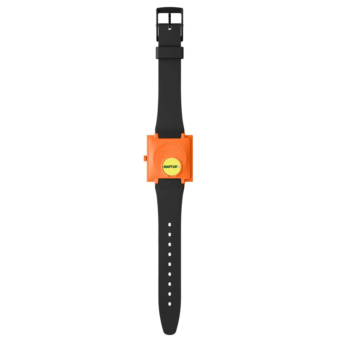 Women’s Swatch watch rear view with orange case and black silicone strap