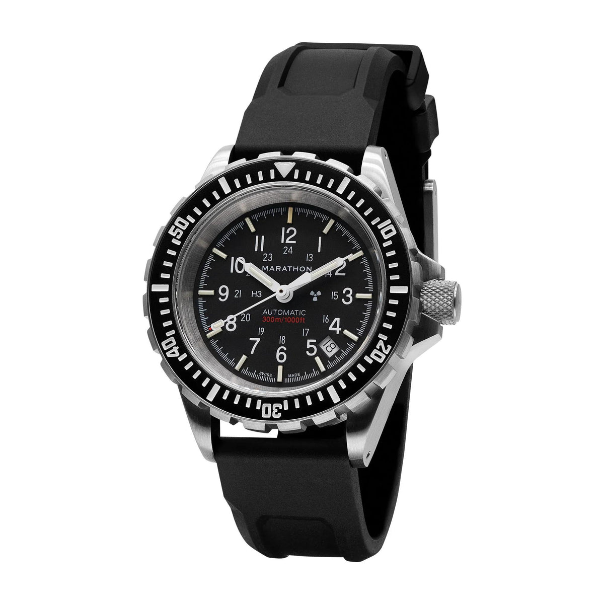 Men's stainless steel diver watch with black dial and black rubber strap, angled view