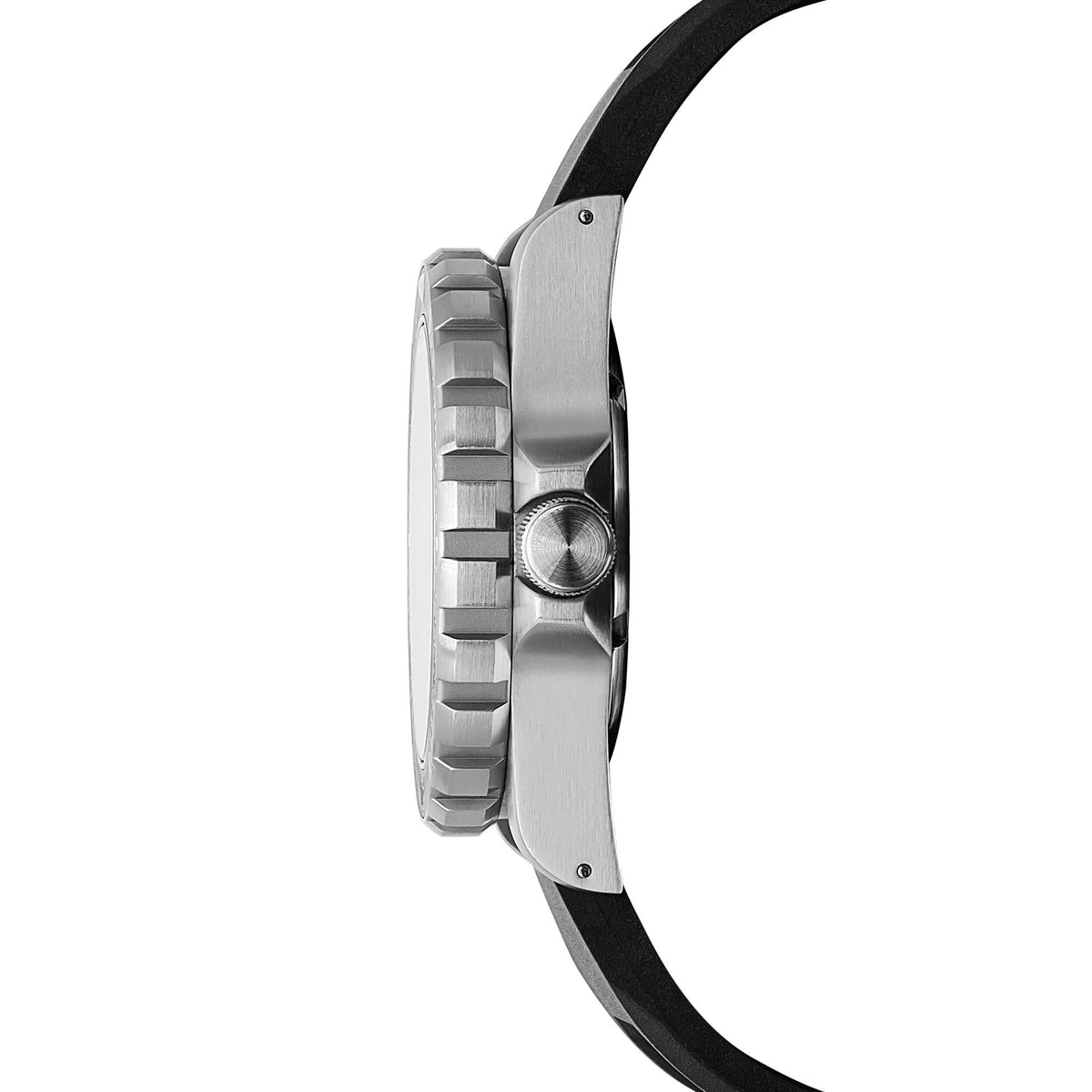 Stainless steel dive watch case side with textured bezel and black rubber strap