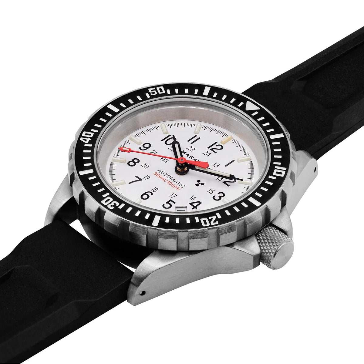 Close-up of dive watch crystal showing white dial, black bezel, and red second hand