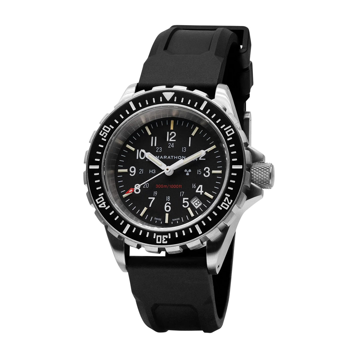 Men’s diver watch with black dial, rotating bezel, and black rubber strap.
