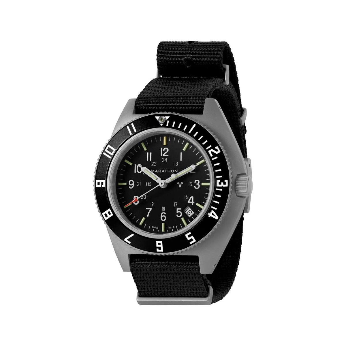 Men's steel watch with black dial and black fabric strap, front view