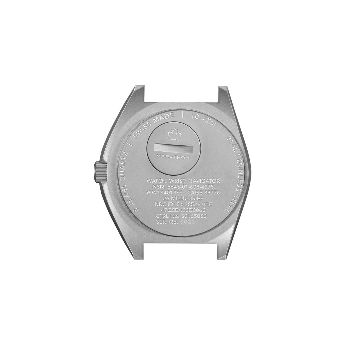 Men's steel watch case back with engraved markings and black fabric strap