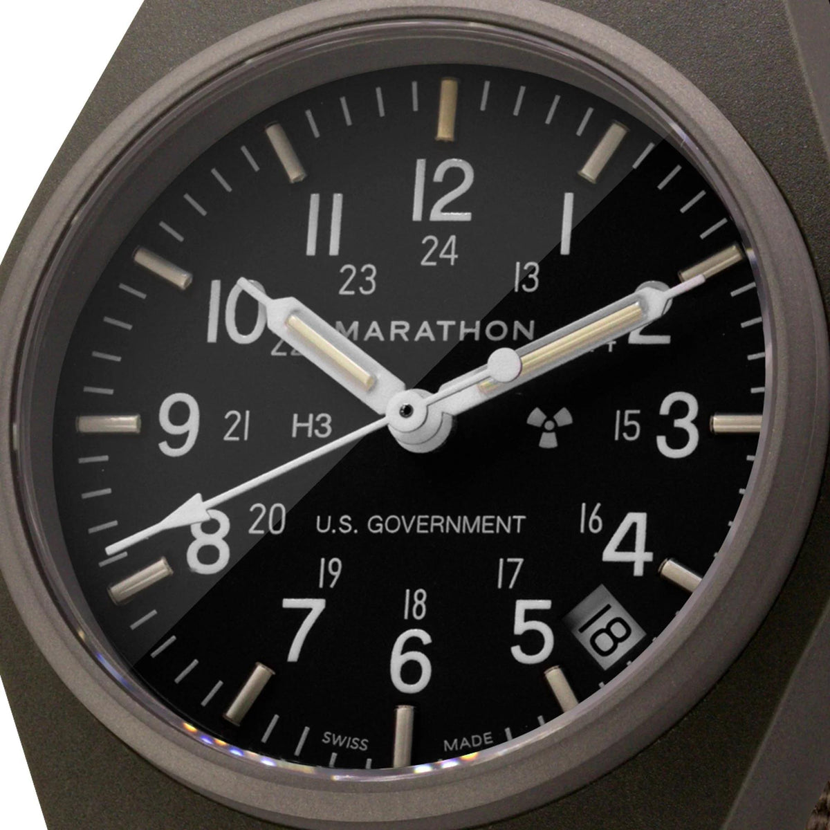 Men's black dial wristwatch with date window and luminous hands.