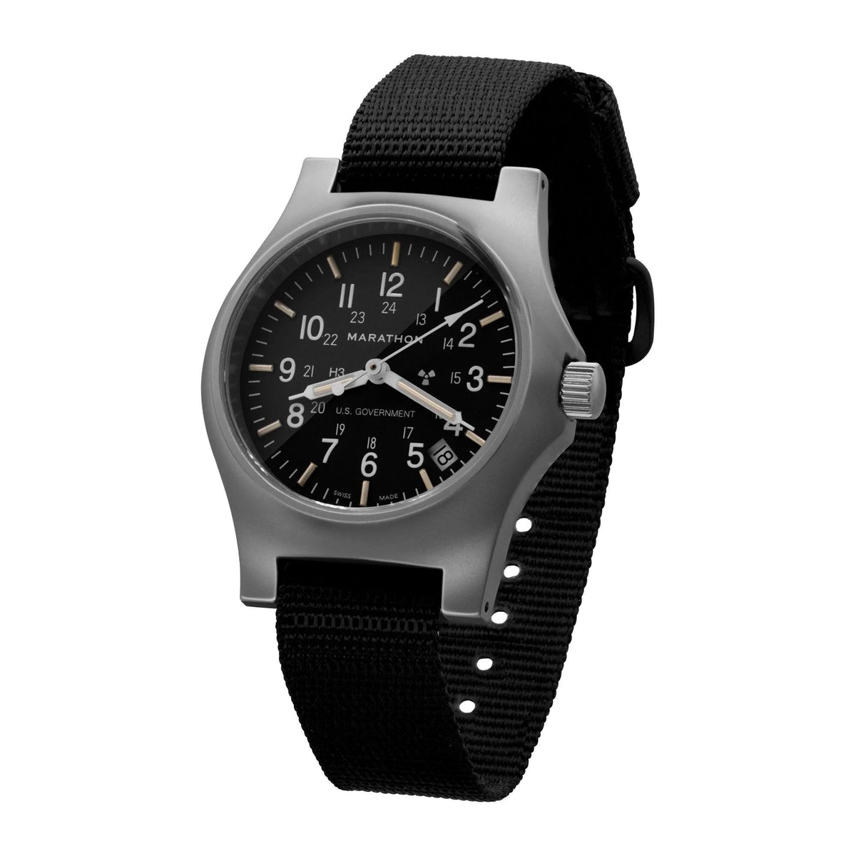 Men's black-dial quartz officer watch with silver case, crown, and black fabric strap.