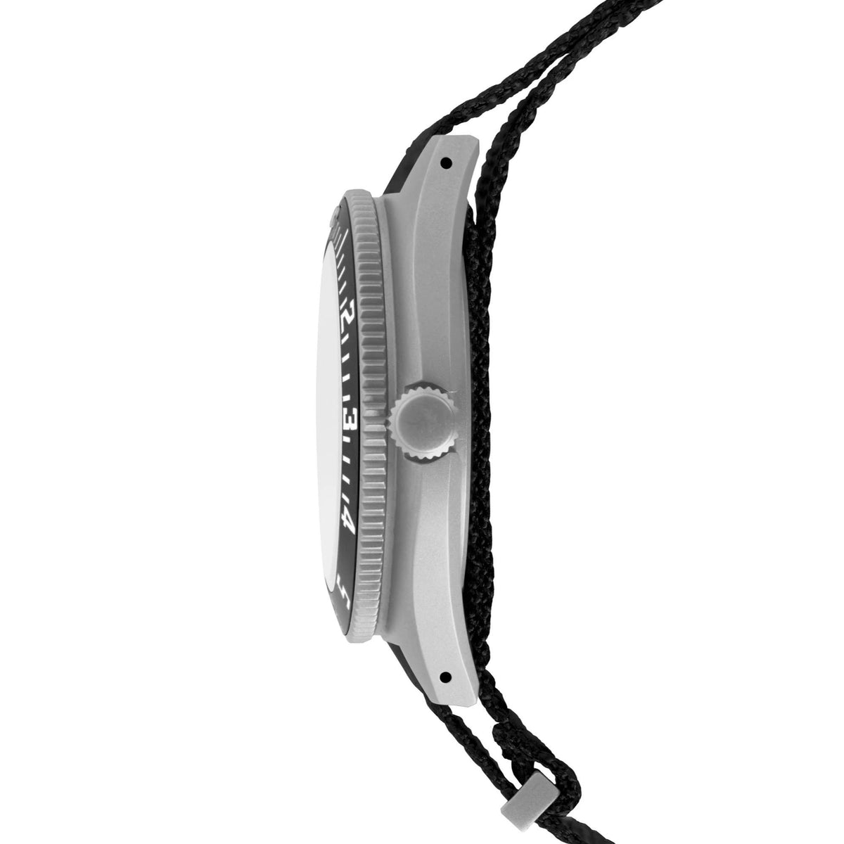 Side view of a stainless steel watch case with black woven nylon strap.