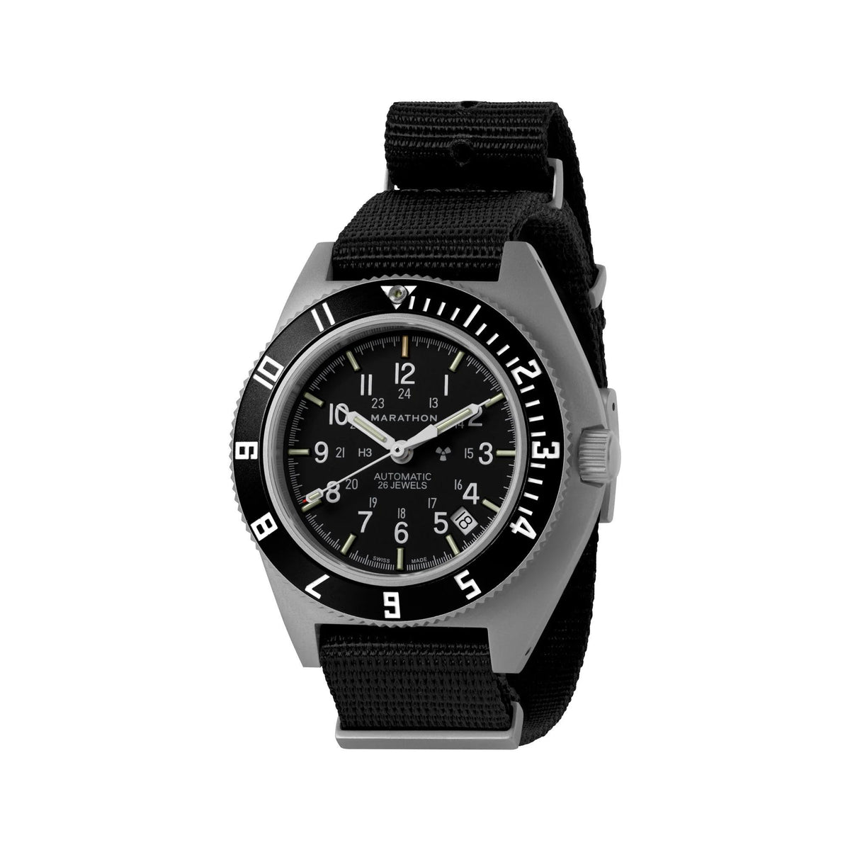Men’s stainless steel watch front view with black dial and black woven nylon strap.