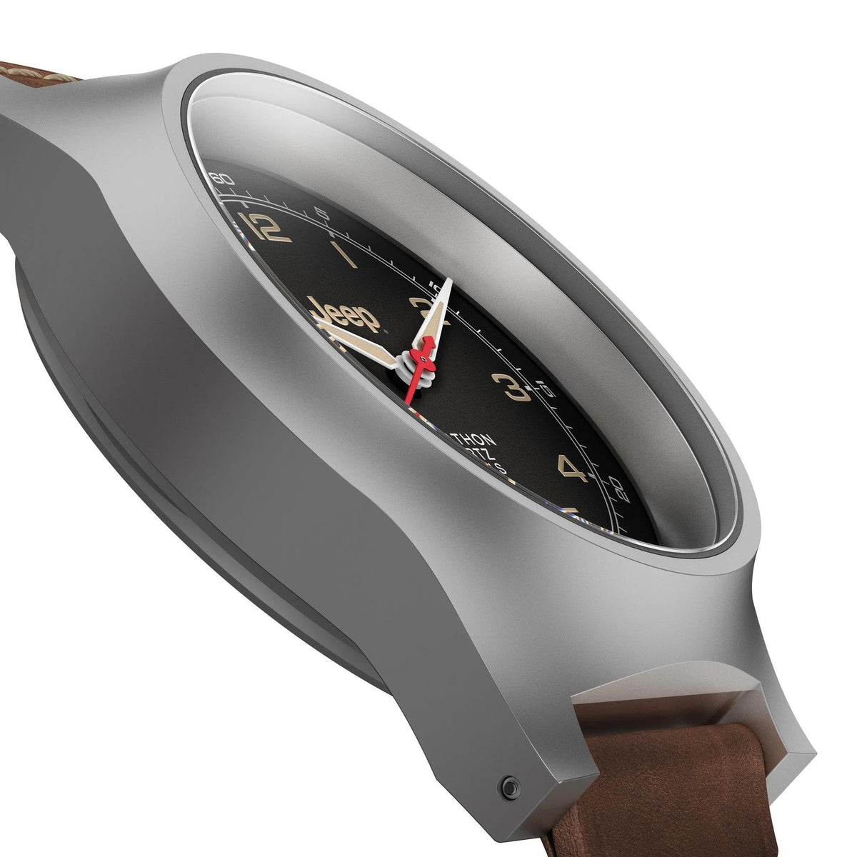 Men's stainless steel wristwatch profile view with black dial and brown leather strap.