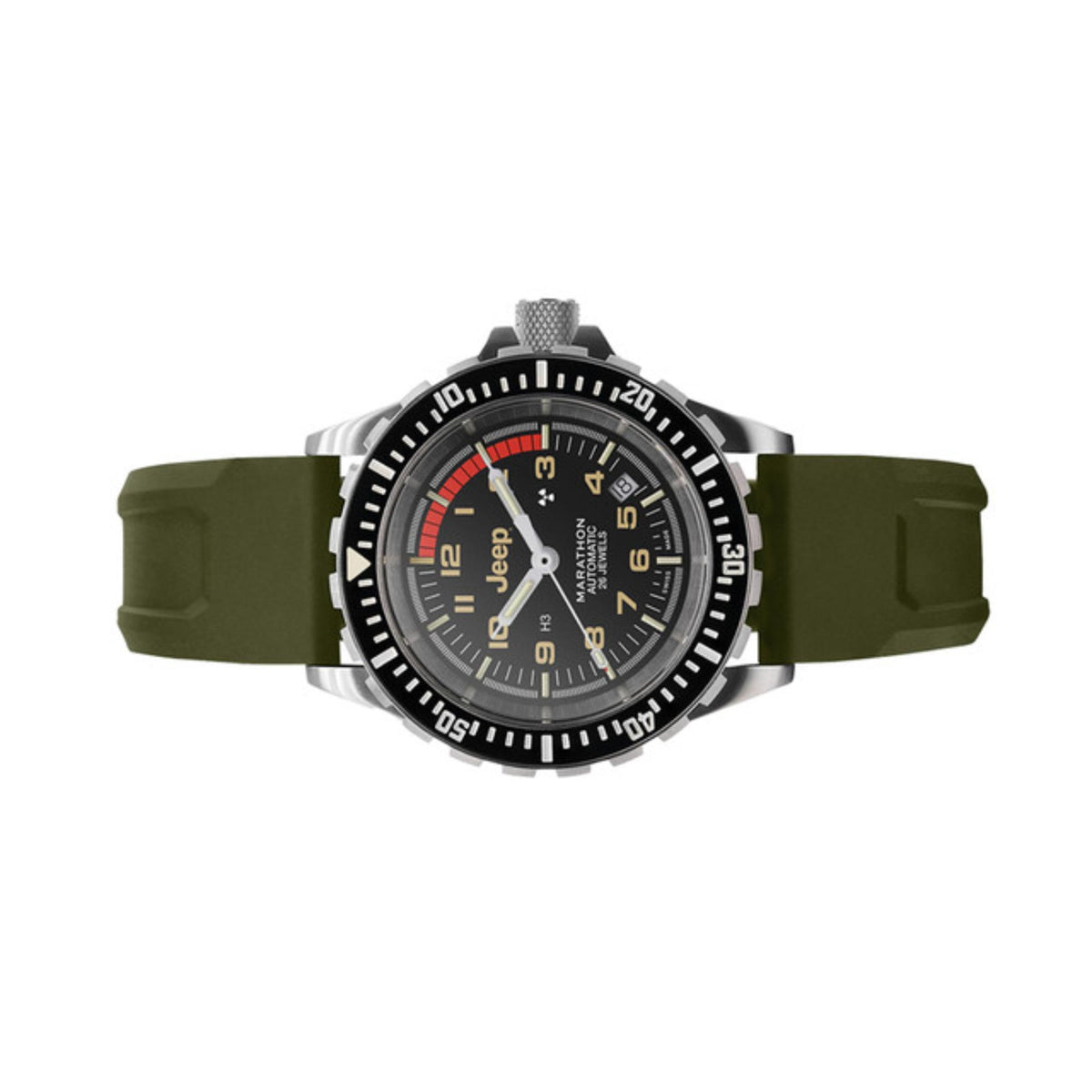 Men's stainless steel diver watch top view, black dial with orange markers, olive strap